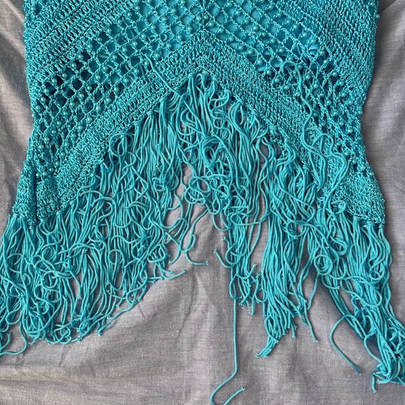 SOLD! 90s/ Y2K Beaded Blue Boho Tank Top with Fringe - Picture 6 of 8
